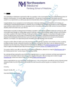 Northwestern Feinberg School of Medicine Admission Letter 2021