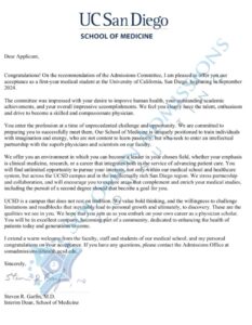 University of California, San Diego School of Medicine Admission Letter 2023