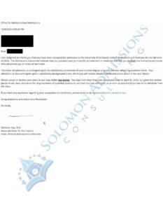 University of Rochester School of Medicine and Dentistry Admission Letter 2023